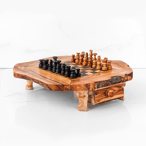 Schackspel, rustikt med låda, olivträ (svart)
