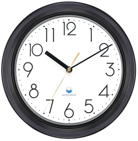 Caysie 11 Inch Sealed Indoor Outdoor Waterproof Wall Clock, Durable Silent Non-Ticking Battery Operated Quality Quartz Round Clock, Wall Decorative for Patio, Pool, Bathroom (Black)