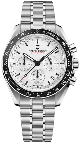 Pagani Design 1701 Herrenuhr, Herren Quarz-Chronograph, weißes Zifferblatt, Japanisches VK63-Uhrwerk, Edelstahlarmband, 100 Meter wasserdichte Sportuhr. (1701-Heller Mond)