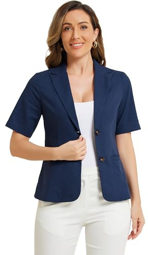 Allegra K Blazer for Women's Short Sleeve Button Front Cotton Linen Lapel Collar Work Office Casual Blazer Coat X-Small Dark Blue