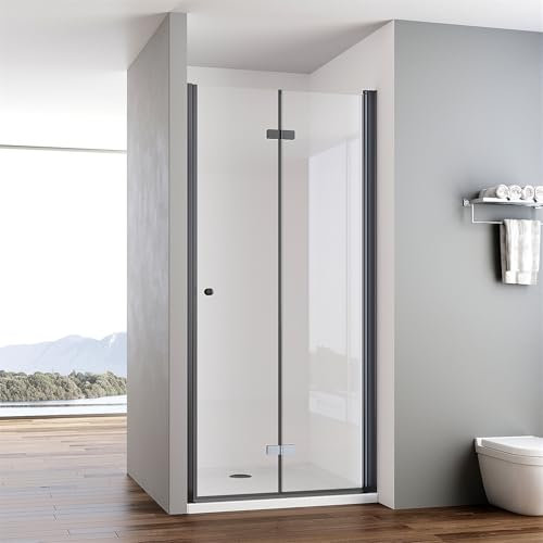 IMPTS Duschtür Faltbar 80cm Schwarz Nischentür Rahmenlos Dusche Duschkabine Falttür Nische Duschabtrennung 6mm ESG Klares Sicherheitsglas Höhe 185cm