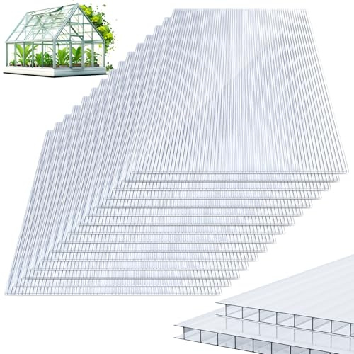Herrselsam 14 pannelli alveolari in policarbonato da 4 mm, a doppia parete per serra (60,5 x 121 cm), 10,25 m², resistenti ai raggi UV, per serra giardino, con 50 morsetti, 50 clip a Z