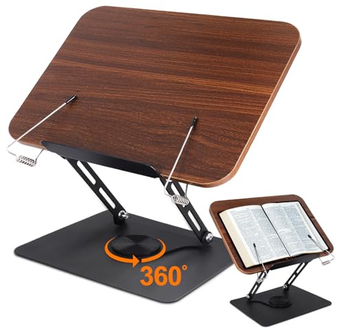 Buchständer Holz Verstellbarer Buchhalter mit 360° Drehbarer Basis Kochbuchständer Faltbar & Tragbar Leicht für Büro Küche Schule Lehrbuch Rezept Zeitschrift Kindle Tablet Laptop Edler Retro Schwarz