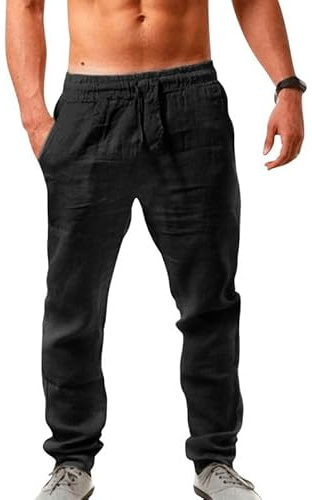 Litthing Pantalones de Lino para Hombre Pantalon Algodón Ligeros de Verano Playa Holgados Cómodos Casuales Pants con Bolsillos y Cordón