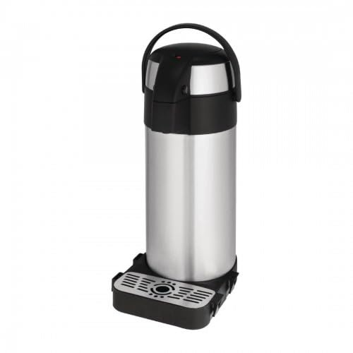 5 LTR Pump Action Airpot and Safety Stand Set Incl Drip Tray Black, Suitable for Hot or Cold Drinks, Secure Upright Holder for Functions & Gatherings