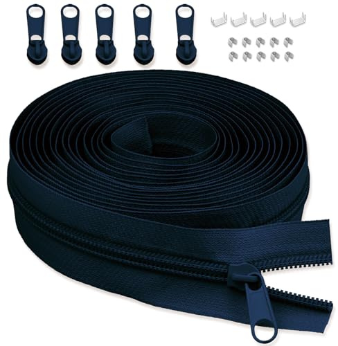 LHZHLE 5 mm endless zip with zip: 3.65 m navy blue nylon zip - sold by the metre with 5 zip pulls for sewing, bed linen and pillows