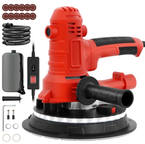 Levigatrice per Muri 800W, 1200-2300 giri/min Levigatrice a Secco Velocità Regolabile, con Aspirazione Polvere Automatica, Luce LED e 12 Dischi Abrasivi Inclusi