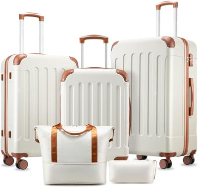 YOETEY Luggage Sets 5 Piece, Hardside Suitcase with Wheels, TSA Approved, White Brown