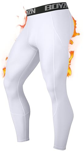 Boyzn Thermal Compression Pants for Men Fleece Lined Thermal Pants Winter Sports Tights Workout Leggings Athletic Base Layer Pants for Cold Weather Fleece White-M