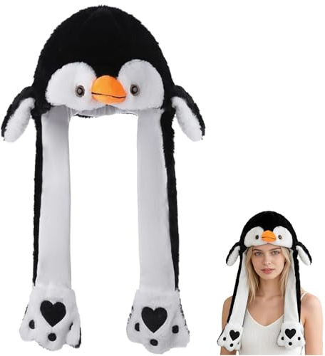 Pinguin Hut mit Beweglichen Ohren,Ohren Bewegender Hut Tier,Lustige Tiermütze Plüsch Mütze,Drücken der Tiermütze Machen,Geburtstags Weihnachts Geschenk Cosplay Wintermütze Hüte für Erwachsene Kinde
