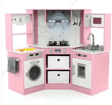 GYMAX Cucina da Gioco ad Angolo, Cucina Giocattolo in Legno con Luci e Suoni Realistici, Sistema di Circolazione dell'Acqua, Lavatrice e Accessori, per Bambini dai 3 Anni+ (Rosa)