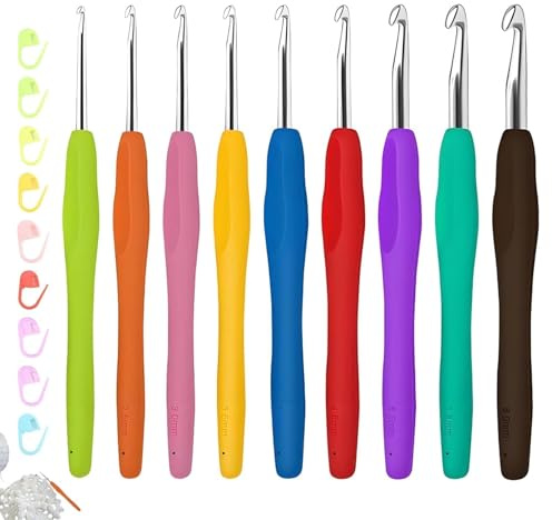 Crochet Hooks Set, 9 Pcs Aluminum Crochet Needles with 9 Stitch Markers, Sizes 2.0mm-6.0mm, Ergonomic Soft Grip Rubber Handles,for Beginners or Professionals (Multicolor)