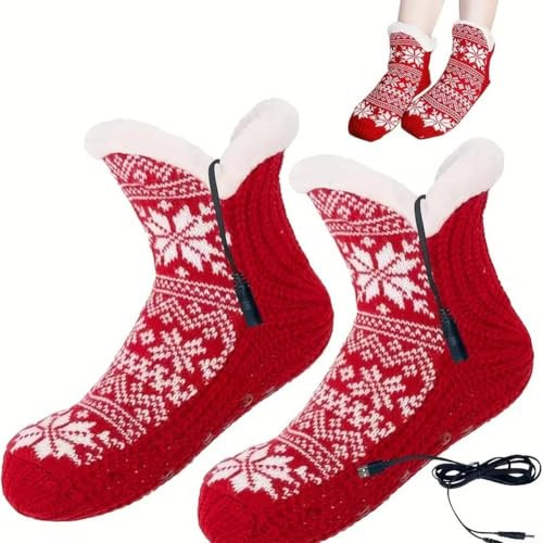 Chauffe-pieds électriques chauffants USB pour femme - Chaussons chauds pour l'hiver - Dessus en daim doux - Semelle antidérapante - Unisexe (rouge)
