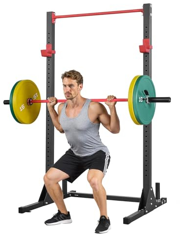 VEVOR Cage de Musculation Multifonctionnelle, Rack à Squats avec 28 Crochets en J Réglables, Station de Musculation pour Squat Développé Couché Tractions Fitness Gym Domicile, avec Accessoires