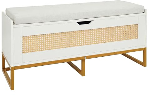 COSTWAY Puff Almacenaje de Ratán,100 x 35 x 44 cm, Banco para Zapatos de Mimbre con Asiento Acolchado, Banco Almacenaje con 2 Bisagras de Seguridad, Soporta 200 kg, para Dormitorio (Blanco)