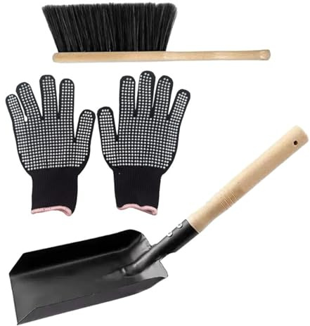 3 pezzi/set pala per camino con scopa per camino e guanti pala per cenere di metallo con manico in legno per braciere, focolare, stufa a legna da giardinaggio