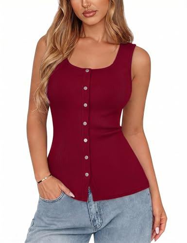 Aottori Camiseta sin Mangas Mujer Verano Cuello Redondo con Botones Tank Top Costilla Ajustado Elegante Camisetas Casual Tops