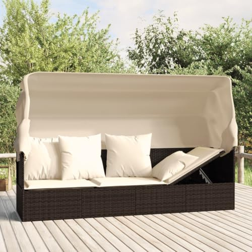 WITREE Sofá de Ratán con toldo Conjunto Jardín Sillón 3 Plazas Conjunto Terraza Resistente a la Intemperie Mueble Jardín Exterior con Cojines-Marrón y Crema-con toldo