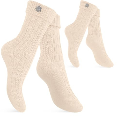 Celodoro Calcetines para traje tradicional para hombre y mujer (2 pares) con pin, calcetines Oktoberfest, crema y blanco, 43-46