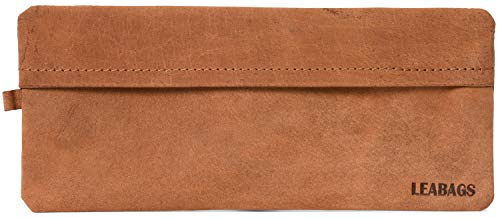 LEABAGS Pennfodral i äkta läder för arbete universitet skola pennfodral läder pennfodral liten och L, Vintage brun mocka, Fort Vaux (Large), Fort Vaux