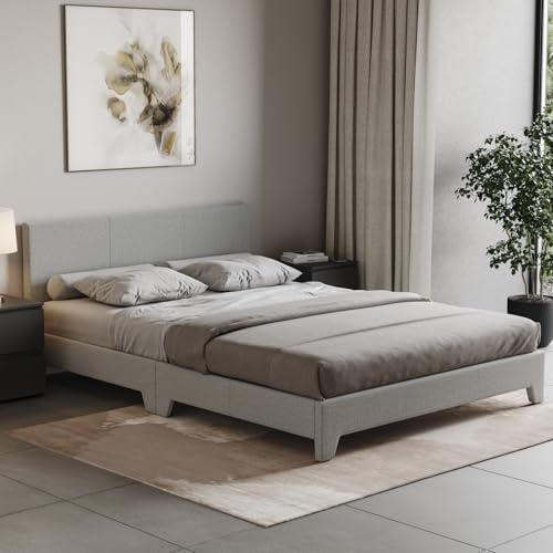 Vida Designs Victoria Double Bed Frame | Light Grey Linen | 77 H x 142 W x 197 D cm | Upholstered Fabric | Cushion Headboard | Easy Assembly | Slat Support | Premium Bedroom Furniture