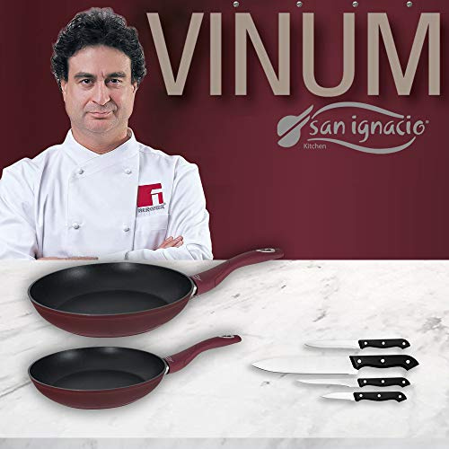 San Ignacio VINUM Set de Sartenes VINUM-Ø20/24 cms, Mango ergonómico Soft Touch Especial Gas y vitro Y Juego 4 Cuchillos de Cocina, Aluminio Forjado, Plateado