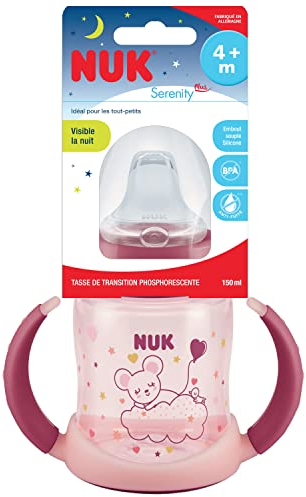 NUK Tasse d’apprentissage Serenity+ Nuit | 4+ mois | Bec verseur antifuites en silicone | Valve anti-coliques | Brille dans le noir | Antifuites | sans BPA | 150ml | Rose