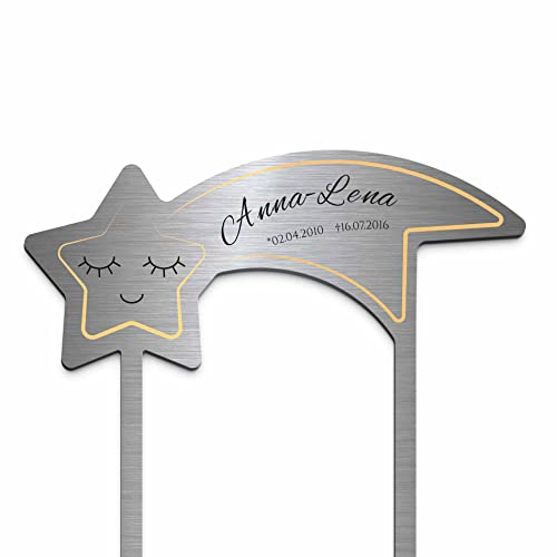 Edelstahl Grabstecker Stern - Blumenstecker Sternschnuppe | Personalisiertes Sternenkind Andenken - Sternenkinder Grabschmuck wetterfest | persönliche Friedhof Grab Kindergrab Deko (Personalisierbar)