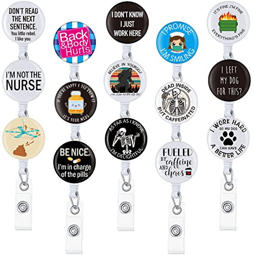 Gueevin 15 Pack Funny Badge Holder Retractable Reel Nurse Quote ID Clip Cute Nursing for Doctor Teacher Student Employee Office Medical Work Supplies