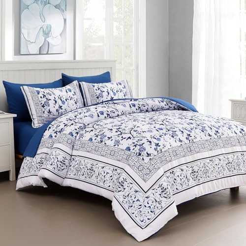 Dobuyly Blommigt täcke med sängkläder i 7 delar i en väska, queen size blå blommor på vita botaniska sängkläder, mjuka sängkläder i mikrofiber, set med lakan för alla årstider