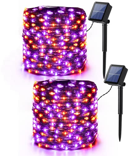 PhilzOps Guirlande Halloween Décoration Orange Violet, 2 Paquets 14M 120 LED Guirlande Lumineuse Solaire Extérieur Fil de Cuivre Étanche 8 Modes Lumière Solaire pour Action de Grâces Jardin Balcon