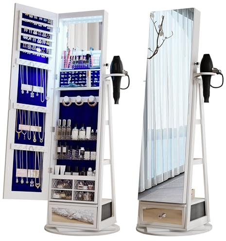 FREDEES Schmuckschrank mit Spiegel, 360° Drehbarer Schmuckschrank mit Ganzkörperspiegel, Stehendes Schmuckkabinett mit LED-Leuchten (Weiß) (Weiß)