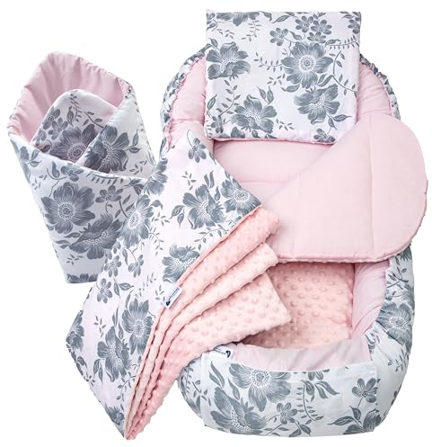 Medi Partners Babynest Nestchen Baby Set für Neugeborene - 100x60x15 Kuschelnest 5 teilig tragbar Nest zweiseitig Babynestchen Bett 100% Baumwolle (Berry mit Rosa Minky)