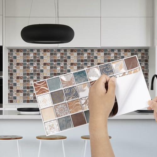 Fantasnight Green Tile Stickers 30x15cm 12Pcs, Mosaic Stick On Tiles for Bathroom, Yellow Self Adhesive Wall Waterproof Backsplash, for Kitchen Living Room