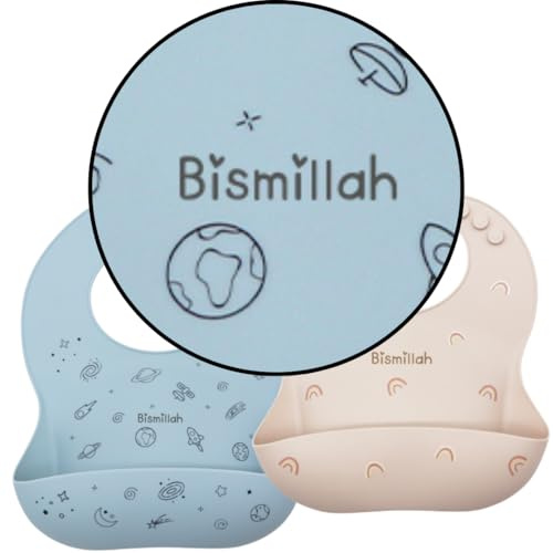 Cerise&Fraise Lot de 2 bavoirs Bismillah récupérateurs en silicone et imperméables - bleu et beige - Design Musulman