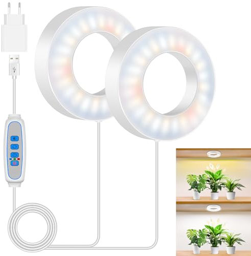 Kullsinss 9 CM Pflanzenlampe led, 5000K Vollspektrum Pflanzenlicht für Zimmerpflanzen, Decken Grow Light mit 6/12/16 Stunden, 3 Lichtmodi, 5 Stufen Dimmbar, Wachstumslampen für Pflanzen (2-Kopf)