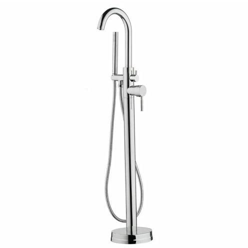 Robinet de baignoire sur pied - En cuivre et acier inoxydable - Pivotant à 360° - Montage au sol - Avec douchette à main - Pour baignoire - Baignoire autoportante - Argenté