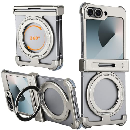 OGRANEE Metallrahmenlose Schutzhülle für Samsung Galaxy Z Flip 6, mit Mag-Safe-Ring-Ständer, 360° drehbar, minimalistisch, schlank, hart, stoßfest, dünne Schutzhülle für Zflip 6, mit magnetischem