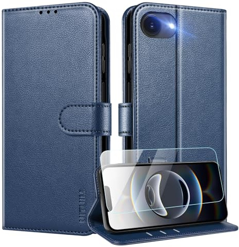 UITUIM Coque pour iPhone 16e / iPhone 17e Coque Etui Portefeuille Cuir avec Verre Trempé Protection Écran Porte Carte Rabat Clapet Flip Case Étui Cover Housse Etui,Bleu