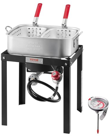 VEVOR Friteuse à poissons, friteuse à ailes, 13,27 l, en aluminium, avec thermomètre, panier à tamis et brûleurs au propane 58 000 BTU, pour cuisiner en plein air