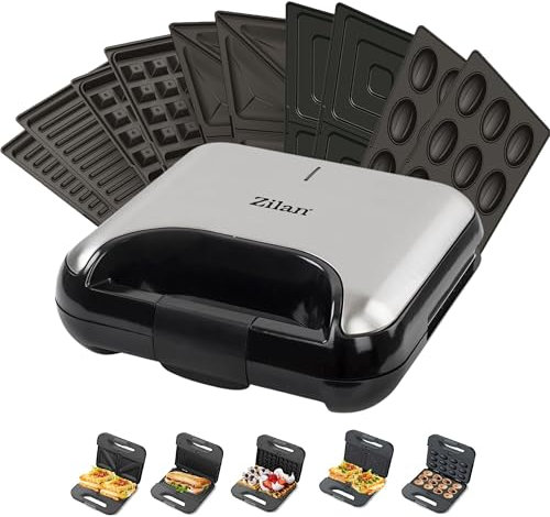 Sandwichera 5 en 1 – Gofrera – Tuerca – Barbacoa eléctrica con placas intercambiables para sándwich (cuadrado y triangular) – Gofres belgas – Nueces mágicas – Revestimiento antiadherente