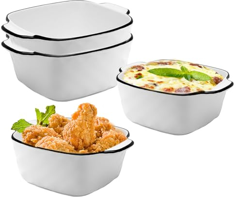 Fuente pequeña de cerámica 4 unidades, para lasaña blanca, 14,2 x 11 x 5,4 cm, mini cazuelas para freidora de aire caliente, microondas, hornos, frigoríficos (patrón de diamantes)