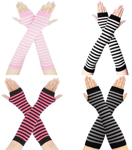 Makoto Nobu 4 Pares Guantes sin Dedos Brazalete de Rayas, Guantes Largos Rayas Mujer, Calentadores de Brazos Niña, para Llevar Caliente en Otoño e Invierno