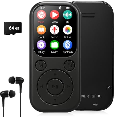 Taichaeu MP3 Player with Bluetooth 5.3 - Portable Music Player, FM Radio, Voice Recorder, with Wired Headphones for Sports, Running, Travel - Included 64GB Card, Expandable to 512GB