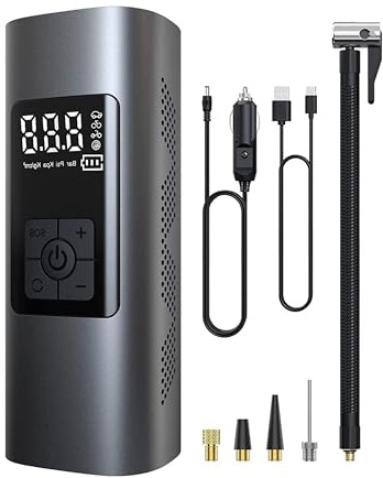 Yasta Compressore Aria Portatile Mini Compressore con Manometro 150PSI 12V DC Gonfiatore Elettrico Portatile con Luce LED Batteria 6000mAh Adatto per Auto Moto Bici Palloni e Materassini