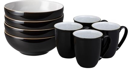 Denby - Elements Coffee Mug & Cereal Bowl 8 Piece Set - Black Glaze Dishwasher & Microwave Safe Stoneware - 4 x 330ml Tea Cups & Cereal Bowls for Soup - Ceramic, Chip Resistant for Everyday Use