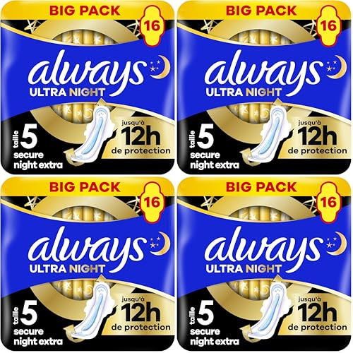 Always Ultra Serviettes Menstruelles Secure Night Extra (taille 5) Avec Ailettes 16 Serviettes, Super Absorbantes Et Ultra-Fines, Pour Règles