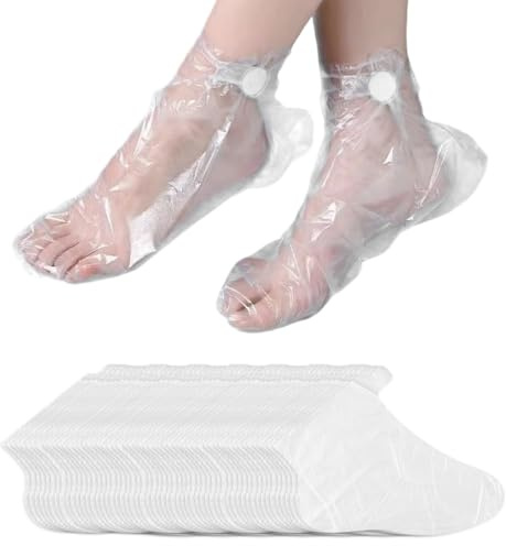 AEUXZA Lot de 100 chaussettes jetables en plastique, avec autocollants de fixation, pédicure, traitement spa, cire de paraffine, doublure de bain, masque pour les pieds et soin (Transparent)