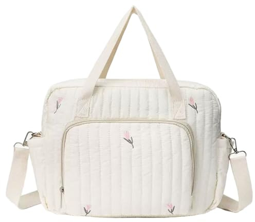 Comebachome Babyväska för mamma, broderi, snygg quiltad blöjväska, bärbar reseblöjväska med justerbar rem för enkel användning, beige, quiltad, tygväska