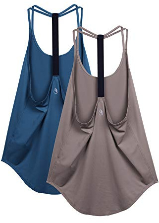 icyzone Workout Tank Tops for Women - Gym Yoga Shirts, T-Back Sport Running Tank Top, 2-Pack (L, True Blue/Mauve Shadows)